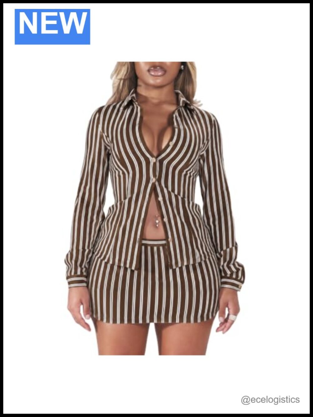 2 Piece Skirt Set - High Waist Bodycon Mini Skirt & Long Sleeve Button Down